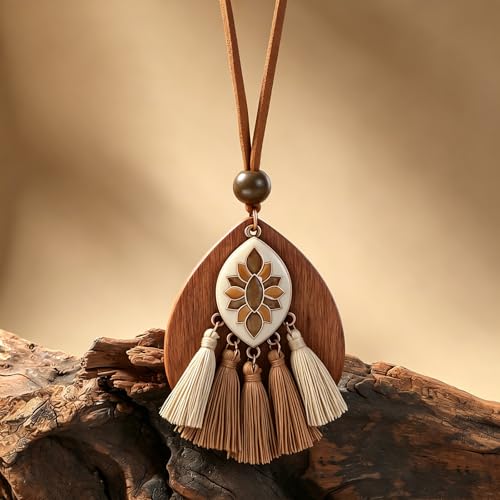 Wooden Leather Necklaces Set Bohemian Wood Stack Discs Long Chain Hemp Rope Bronze Plated Pendant Ethnic Tribal Fall Leaf Earrings Jewelry Statement Necklace - color: R-049