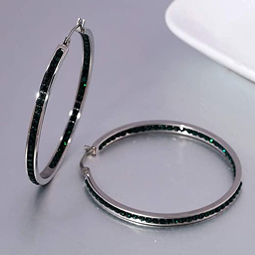 CiNily Mult-colors Crystal Stainless Steel Hoop Earring for Women Hypoallergenic Jewelry for Sensitive Ears Large Big Hoop Earrings 2" - color: Dark Green