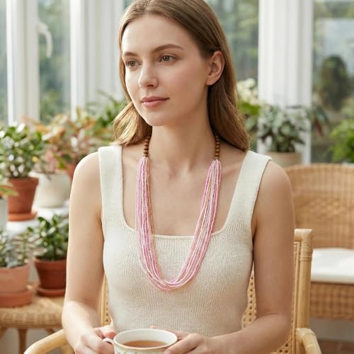 Coiris Chunky Statement Necklaces for Women Boho Multi Long Layered Strand Beaded Necklace for Women Handmade Crystal Beach Jewelry Gift - color: Pink