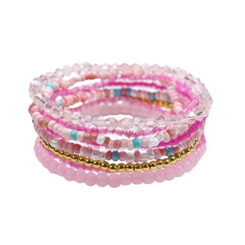 Boho Stackable Rice Beaded Bracelet Set for Women 8-10Pcs Colorful Handmade Multilayered Crystal Beads Bracelets Summer Beach Bohemian Jewelry Gift - color: B Pink