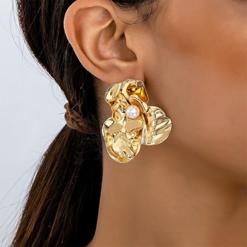 Chunky Large Gold Flower Stud Earring for Women Statement, Boho Big Red Irregular Floral Pearl Earrings Trendy Y2K Prom Party Jewelry Accessories Gift - color: Gold