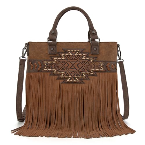 Trinity Ranch Crossbody Bags for Women Tooled Fringe Top Handle Handbags Vintage Western Purse - color: Brown