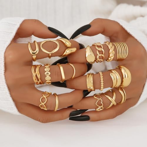 KISS WIFE Stackable Rings for Women Gold Silver Chunky Statement Ring Set, Boho Vintage Knuckle Rings, Mixed Size Fashion Rings, Gold Plated Alloy Stackable Jewelry Gift