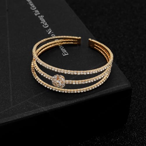 Women's Multi-Layer Rhinestone Cuff Bracelet Sparkling Crystal Tennis Bangle for Bridal Wedding Party - color: 1266 Gold