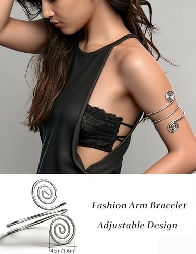 2Pcs Minimalist Simple Swirl Upper Arm Cuff Bracelets for Women Arm Bangle Armlets Adjustable - color: silver