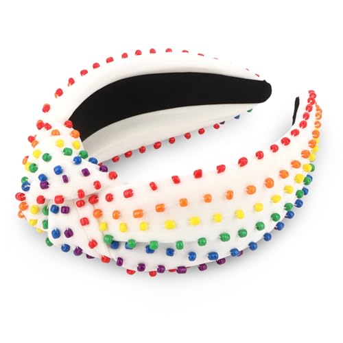 YISSION Rainbow Beaded Knotted Wide Headband for Adults - Colorful Pride Festival Hair Accessory for Parties, Celebrations & Daily Wear - color: Rainbow Colors