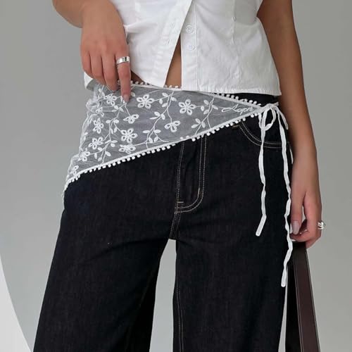 Women's Floral Lace Triangle Hip Scarf Head Kerchief Tie Waist Belt Sheer Hip Wrap Boho Head Scarf Hair Accessory - color: White