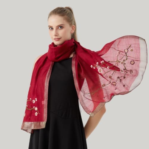 WINCESS YU Women Mulberry Silk Scarf Long & Large Embroidered Floral Pattern Shawl and Wraps Neckerchief for Hair & Neck - color: Red