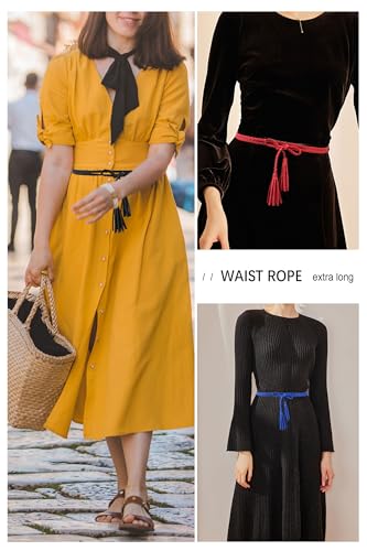 TeeYee Waist Belt Woven Knitted Rope/Chain PU leather 3 Pieces Tassel Rope Skinny Belt - color: 066redyellowblue