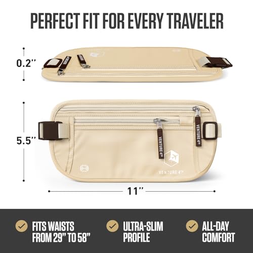 VENTURE 4TH Money Belt for Travel – Slim Hidden Under-Clothes RFID Blocking Anti-Theft Passport Holder & Travel Wallet Pouch for Men & Women to Protect Cash, Cards & Documents (Beige) - color: Beige