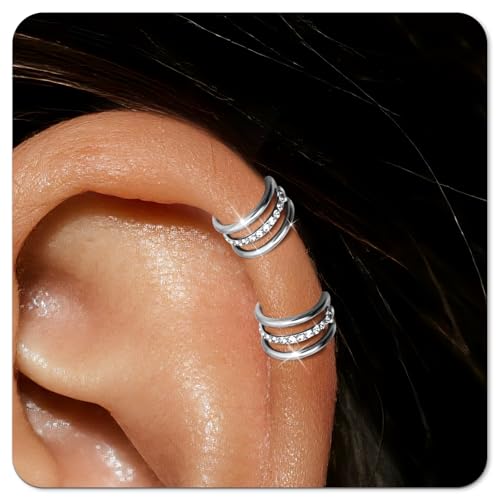 Small Cartilage Double/Triple-Hoop Helix Conch Piercing Earrings With Cubic Zirconia For Women Trendy 14K Gold Plated Titanium Surgical Stainless Steel Sets Nose Rings Hoops Septum Rings - color: Silver, style: F-4Pairs-16Gauge-Triple CZ hoop