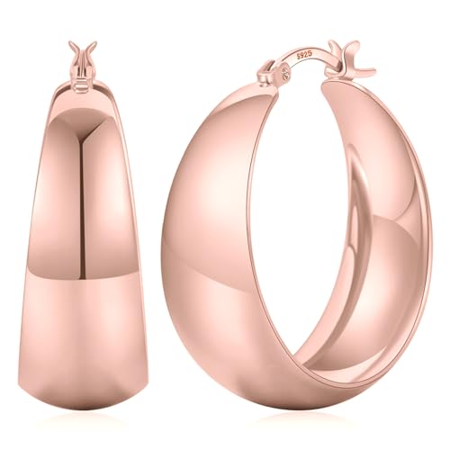 Senteria 12mm Wide Thick Hoop Earrings 925 Sterling Silver Hoop Earrings for Women Hypoallergenic 14K Real Gold Plated Hoops Large Earring Lightweight Chunky Hoops Earring for Women 25/30/40/50MM - color: Rose Gold-30mm