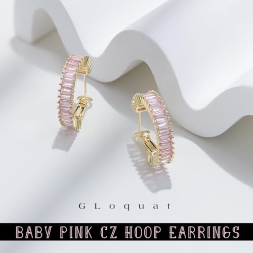 Trendy 14K Gold Plated Hoop Earrings for Women, Chunky Gold/Silver Earrings for Women Cubic Zirconia Baguette Hoop Earrings Heart Hoops Lightweight Hypoallergenic Jewelry,25mm/35mm/40mm/50mm - color: 01 Gold Pink Hoops 25mm