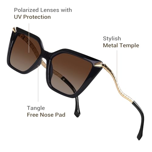 DrRelax Big Square Sunglasses Womens Retro Polarized Sun Glasses with Metal UV 400 Protection - color: Black/ Gradient Brown