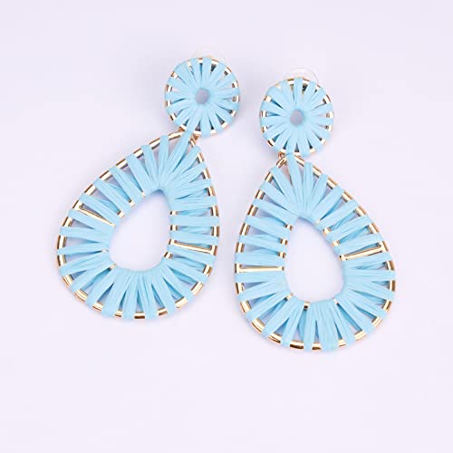 Raffia Teardrop Dangle Earrings Handmad Statement Drop Earrings - color: Light Blue