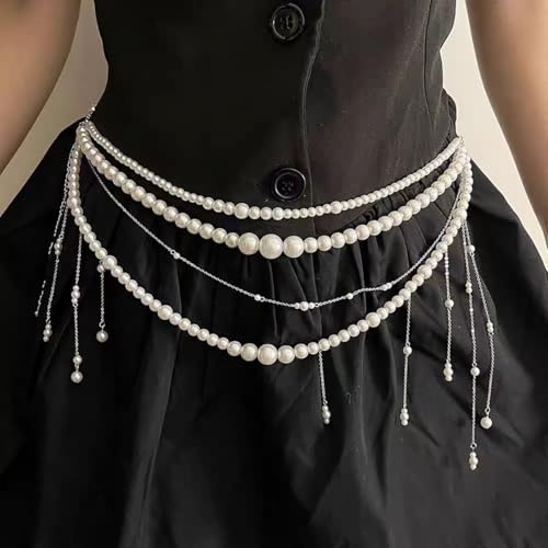 Multilayer Imitation Pearl Waist Chain for Women Trendy Waistband White Pearl Body Chain Long Tassel Pendant Waist Chain Wedding Bridal Dress Belt Fashion Trend Metal Chain Body Chain Jewelry - color: White1
