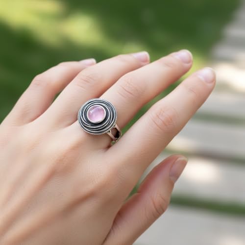 Mulit Circle Cross Lines Thick Top Jade Gem Ring,Silver Plated Cocktail Party Ring,Statement Ring Jewelry Gift for Women - color: RIng_A rose