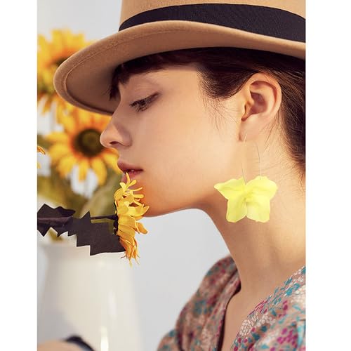 Exaggerated Bohemian Resin Rose Flower Petal Dangle Drop Earrings Long Acrylic Tiered Floral Tassel Earring for Women - color: Light Yellow