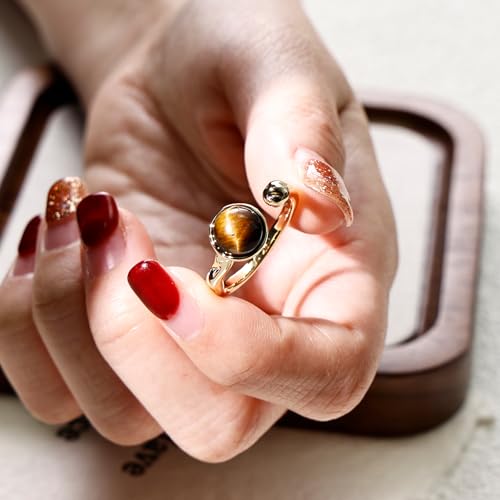Tigers Eye Ring for Women - 14K Gold Plated Natural Gemstone Adjustable Open Ring, Double Brown Ring for Gift