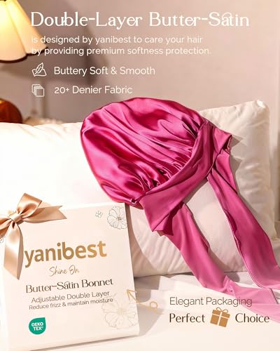 YANIBEST Adjustable Satin Bonnet for Sleeping Women Double Layer Hair Wrap Reduce Friction Prevent Frizz Natural Curly Hair - color: Hot Pink