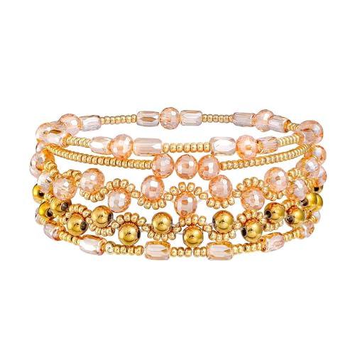 Dainty Gold Plated Pearl Crystal Beaded Bracelets Set for Women 14K Gold Plated Bead Pearl Beads Bracelet Stackable Paperclip Link Chain Bracelets Gold Plated Bracelets for Women Trendy Jewelry - color: Style5-3 Champagne gold