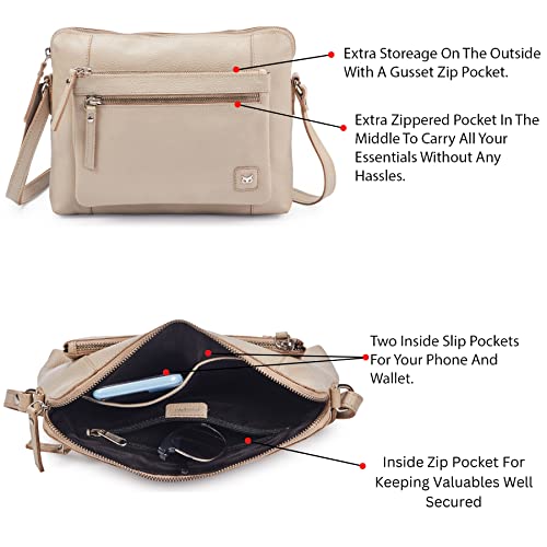 Leather Crossbody Bags for Women Small Soft Genuine Pebbled Sling Shoulder Handbag Crossover Purse with Full Adjustable Strap (Beige Nappa) - color: Beige Nappa