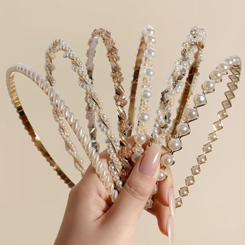 6 Pcs Pearl Headbands for Women, Thin Gold Metal Faux Pearl Hair Bands, Sparkly Rhinestone Crystal Beaded Hair Hoops, Elegant Bridal Wedding Hair Accessories for Girls - color: Pearl Rhinestone