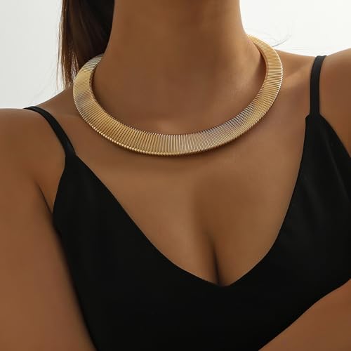 Chunky Gold Collar Choker Statement Necklace for Women Trendy | Gold Plated Layered Twist Flat Thick Snake Herringbone Chain African Torque Necklace Prom Boho Necklaces Party Jewelry Gift - style: Flat Herringbone Chain/Gold