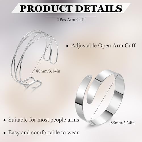 2Pcs Arm Cuff Gold Upper Arm Cuff for Women Adjustable Upper Arm Bracelets Open Irregular Arm Bangle Minimalist Coil Swirl Armlets Armband Jewelry - style: styleD silver