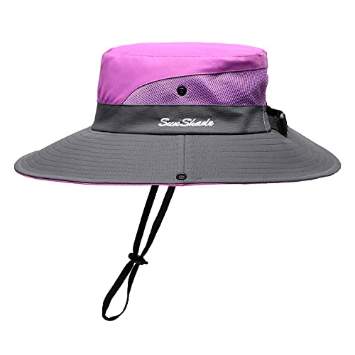 Womens Summer Sun Hat Beach Hat Wide Brim Outdoor UV Protection Hat Foldable Cool Mesh Ponytail Bucket Hat - color: Purple-gray