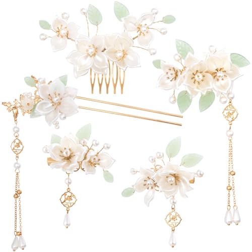 HINZIC 5PCS Camellia Flower Tassels Hairpin, Crystal Rhinestone Pearl Hair Clips Headpiece Retro Chinese Hanfu Wedding Brides Hair Accessories Korean Jewelry for Women Girls Updo Long Hair - color: Camellia