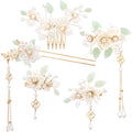 HINZIC 5PCS Camellia Flower Tassels Hairpin, Crystal Rhinestone Pearl Hair Clips Headpiece Retro Chinese Hanfu Wedding Brides Hair Accessories Korean Jewelry for Women Girls Updo Long Hair - color: Camellia