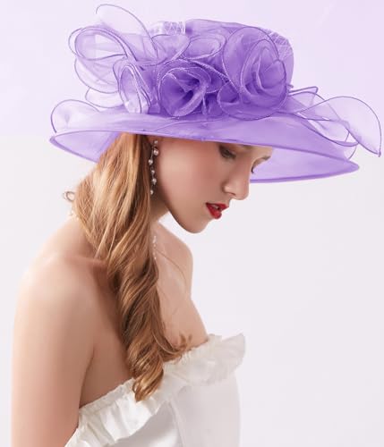 ORIDOOR Women’s Organza Church Tea Party Wedding Fascinator Derby Hat Wide Brim Sun Hats - color: D2-purple