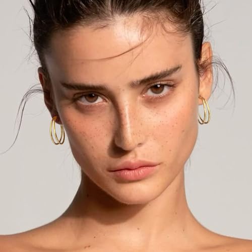 OOOPEL Large Thin Double Hoop Earrings for Women Lightweight Hypoallergenic 925 Sterling Silver Post 14K Gold Hoops Non Tarnish Sturdy Big Thin Double Layered Hoop Earrings 30/40/50/60mm - color: Gold, size: 20mm
