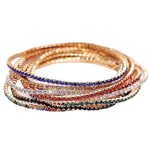 14K Gold Plated Dainty 10Pcs Colorful Cubic Zircon Crystal Beaded Adjustable Stackable Stretch Sparkling Tennis Chain Bracelet Set Birthday Wedding Jewelry for Women - color: mix