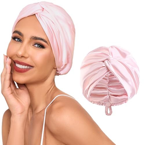 Adjustable Silk Satin Hair Bonnet for Sleeping Women, Double Layer, Silk Hair Wrap for Sleeping Women Men, Curly Natural Braid Straight Unisex - Pink - color: Pink
