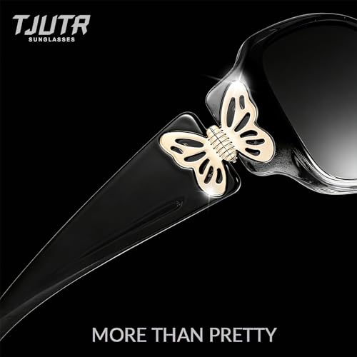 TJUTR Polarized Sunglasses for Women with Wrap Around Butterfly Design, Trendy Jackie-O Style for UV400 Protection - color: A72 Gradient Black Frame Grey Lenses