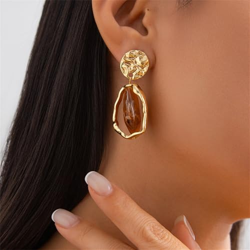 Irregular Crystal Dangle Earrings,Vintage Baroque Pearl Stud Melted Liquid Metal Wrinkle Drop Earring Geometric Statement Earrings for Women - color: Brown