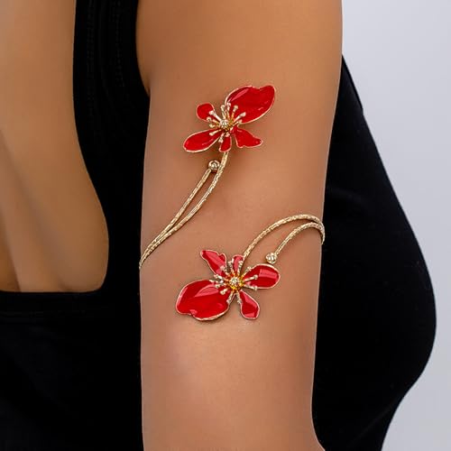 Flower Arm Cuff Bracelets for Women Adjustable Gold Upper ArmBand Jewelry Boho Floral Open Wrap Statement Bangle Bracelet Arm Cuff Jewelry Gifts for Women - color: Red