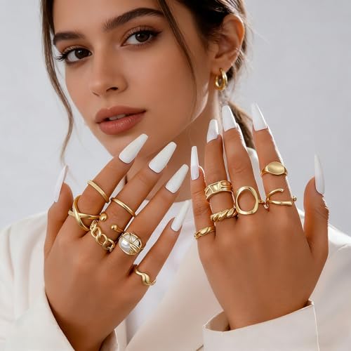 Chunky Gold Rings Set for Women Stackable Statement Ring Sets Non Tarnish Adjustable Open Knuckle Rings Irregular Gold Jewelry Set Trendy Prom Outfits Accessories - color: gold3