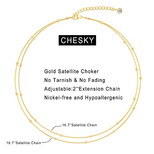 CHESKY 14k Gold Plated/Silver Plated Dainty Necklace for Women, Trendy Satellite Choker Necklace Thin Beaded Layered Choker Necklaces Discs Paperclip Chain Necklaces Womens Simple Jewelry - style: 2layerSatellite-GD