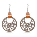 Handmade 70s 80s Retro Leather Round Hollow Wooden Flower Dangle Drop Earring Unique Lightweight Flower Hook Earrings For Women