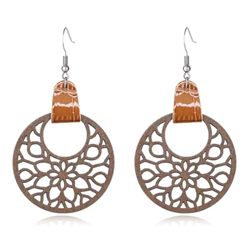 Handmade 70s 80s Retro Leather Round Hollow Wooden Flower Dangle Drop Earring Unique Lightweight Flower Hook Earrings For Women