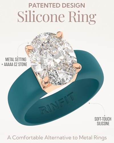 Rinfit Silicone Ring with Stone - Oval Cut Cubic Zirconia Solitaire Engagement Ring for Women - Rubber Wedding Bands - Patented Design - color: Pack L: Ocean / Rose Gold