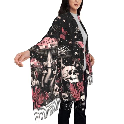 Skull Mushroom Hippie Scarf for Women– Winter Shawl with Tassels, Cozy Wrap for Women’s Festival & Casual Wear - color: Skull Hippie Mushroom