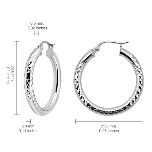 Hoops & Loops 925 Sterling Silver Diamond-Cut Round Hoop Textured 3mm Click-Top Earrings for Women, Slver, Two-Tone 14K Yellow Gold Flash Plate 15/20/25/30/35/40/45/50mm Hoops - color: Silver, size: 25mm (1'')
