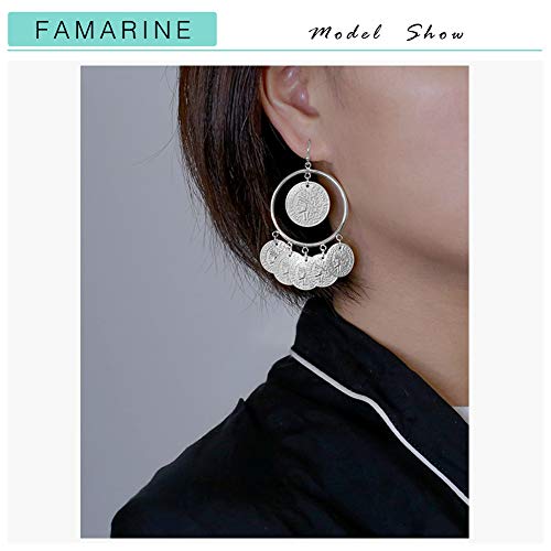 FAMARINE Vintage Tribal Chandelier Portrait Coins Hoop Drop Earrings for Women Costume Jewelry - color: Silver
