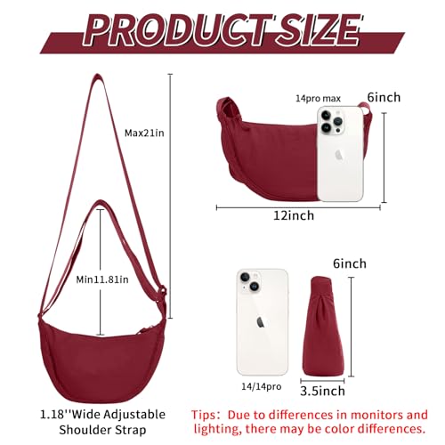 Nylon Crescent Crossbody Bag for Women Purses Trendy Men,Small Travel Sling Bag Hobo - color: Wine Red, size: Small