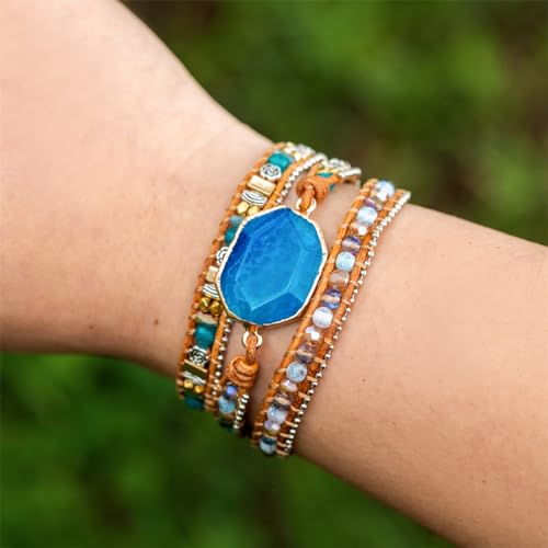 YGLINE Natural Stone Beaded Healing Wax String 5 Wraps Bracelets - color: blue agate