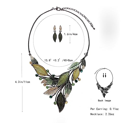 AMYJANE Vintage Statement Jewelry Set - Spring Leaf Flower Floral Plant Necklace Earring Set Crystal Rhinestone Fashion Costume Jewelry for Women Prom Party Unique Gift - style: Green Leaves Jewelry Set